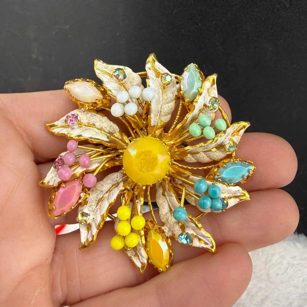 Vintage Rhinestone Flower Brooch Multicolor Enamel Gold Tone